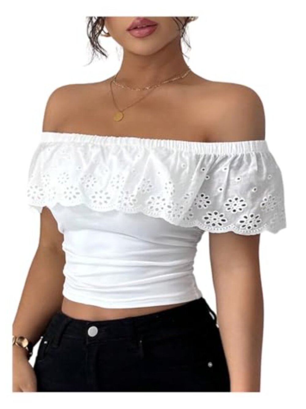 Off Shoulder Ruffle Ruched Cropped Top Short Sleeve Summer Blouse